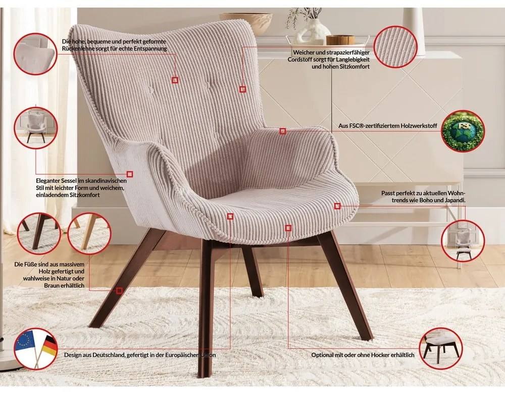 Светлорозово кресло от рипсено кадифе Niko – Ropez