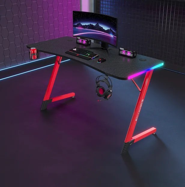 Черно-червена геймърска маса, PC маса с RGB LED осветление Šírka: 140 cm