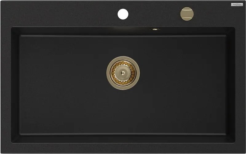 Mexen Elix гранитна кухненска мивка с 1 отделение 800 x 500 мм, черна, златен сифон - 6527801005-77-G