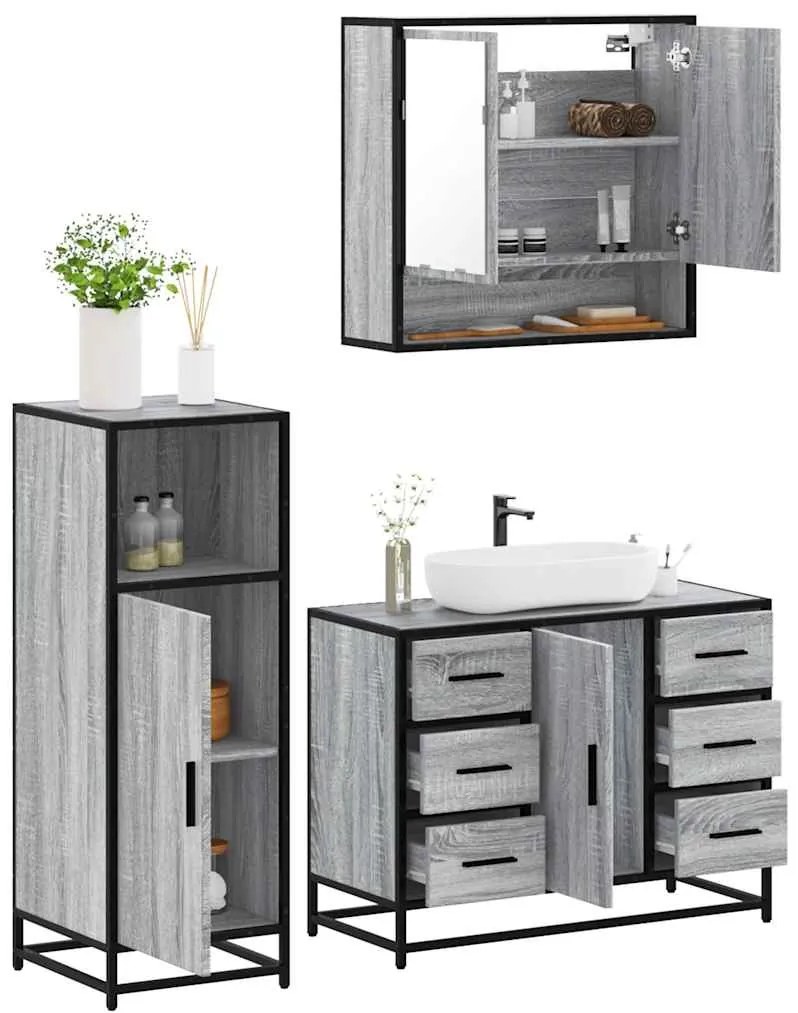 3300993 vidaXL Комплект мебели за баня от 3 части сив сонома инженерно дърво