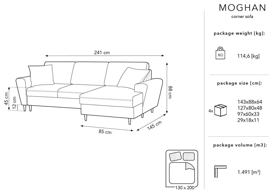 Бежов велурен разтегателен диван , десен ъгъл Moghan - Micadoni Home