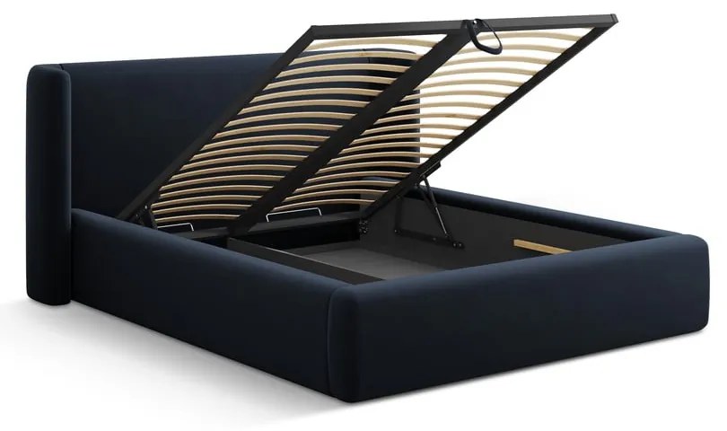Тъмносиньо двойно легло 180x200 cm тапицирано с място за съхранение с включена подматрачна рамка Jason – Windsor & Co Sofas