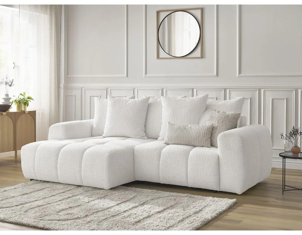 Бял сгъваем/с място за съхранение ъглов диван от прежда с примки от букле (ляв ъгъл) Roxelane – Bobochic Paris