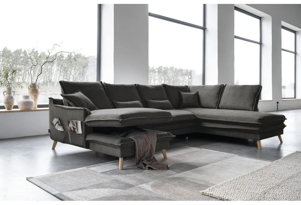 Тъмносив разтегателен ъглов диван (десен ъгъл/"U" форма) Charming Charlie – Miuform