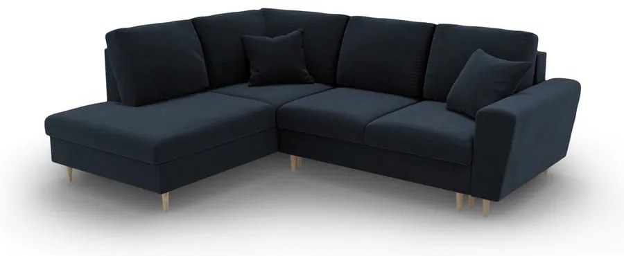 Тъмносин кадифен разтегателен ъглов диван с място за съхранение (ляв ъгъл/L форма) Kyoto – Cosmopolitan Design