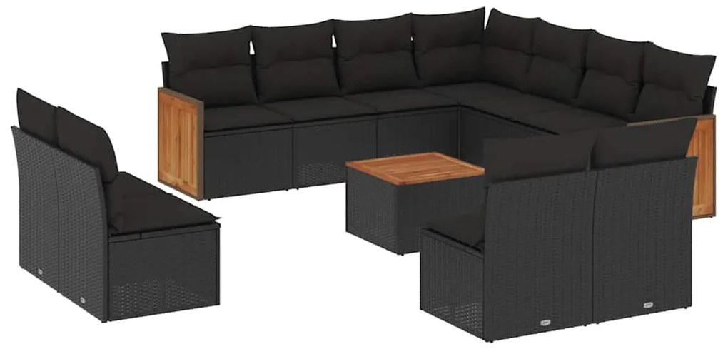 3260172 vidaXL Градински диван с възглавници, 12 части, черен, полиратан