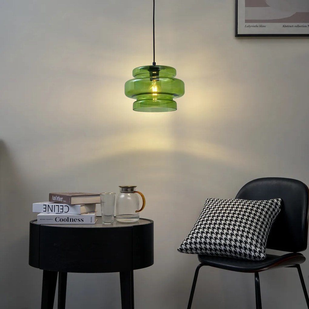 Ретро висяща лампа черна със зелено стъкло - Denise