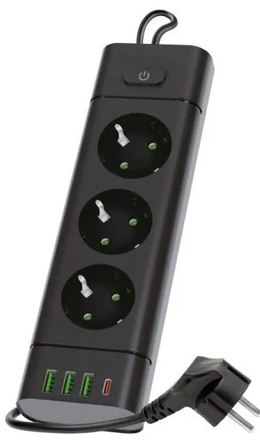 Разклонител с ключ LINEA PRO 3x230V+3xUSB-A + 1xUSB-C SCHUKO 1,5 m черен