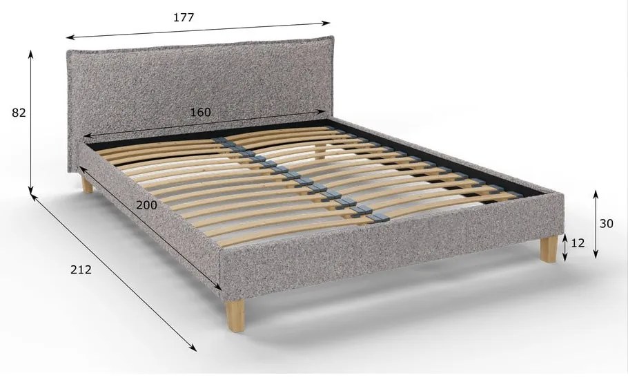 Сиво тапицирано двойно легло с решетка 160x200 cm Tina - Ropez