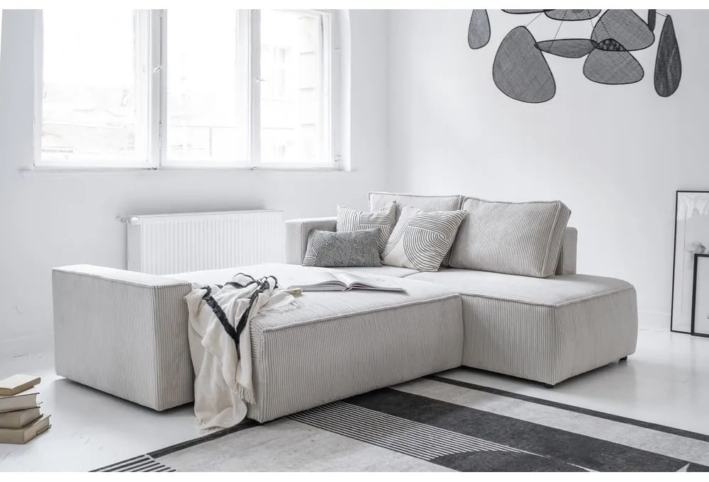 Бял разтегателен ъглов диван от рипсено кадифе (десен ъгъл) Brave Dave – Miuform