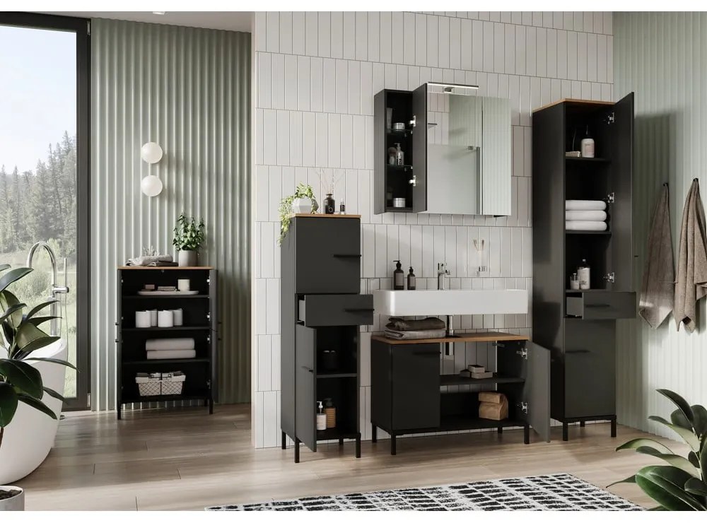 Тъмно сив висок шкаф за баня в дъб 60x97 cm Yonkers - Germania