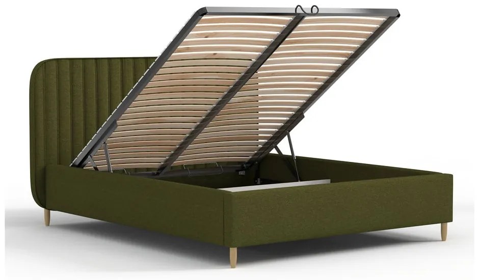 Зелено тапицирано двойно легло с място за съхранение с включена подматрачна рамка 140x200 cm Noto – Maison de Rêve