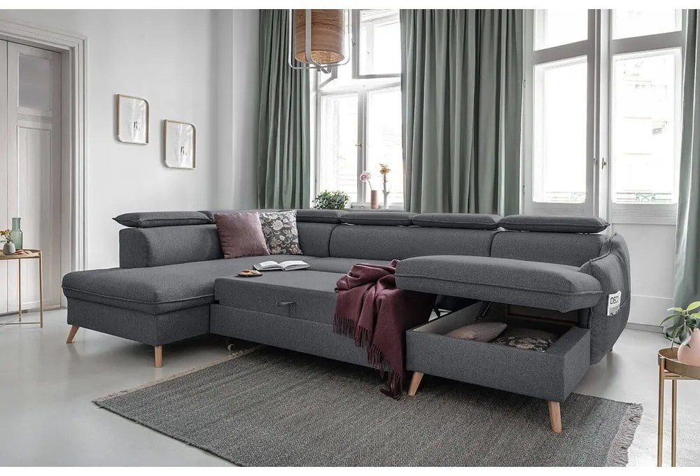 Тъмно сив U-образен разтегателен диван, ляв ъгъл Sweet Harmony - Miuform