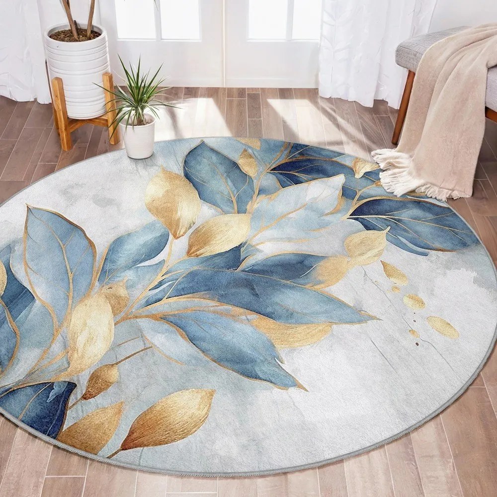 Синьо-златист кръгъл килим подходящ за пране ø 150 cm Golden Leaves – Mila Home