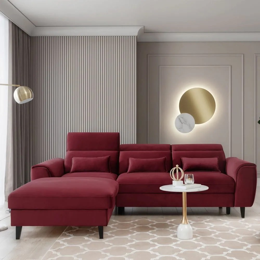 Червен кадифен разтегателен ъглов диван с място за съхранение (ляв ъгъл) Foble – ELTAP