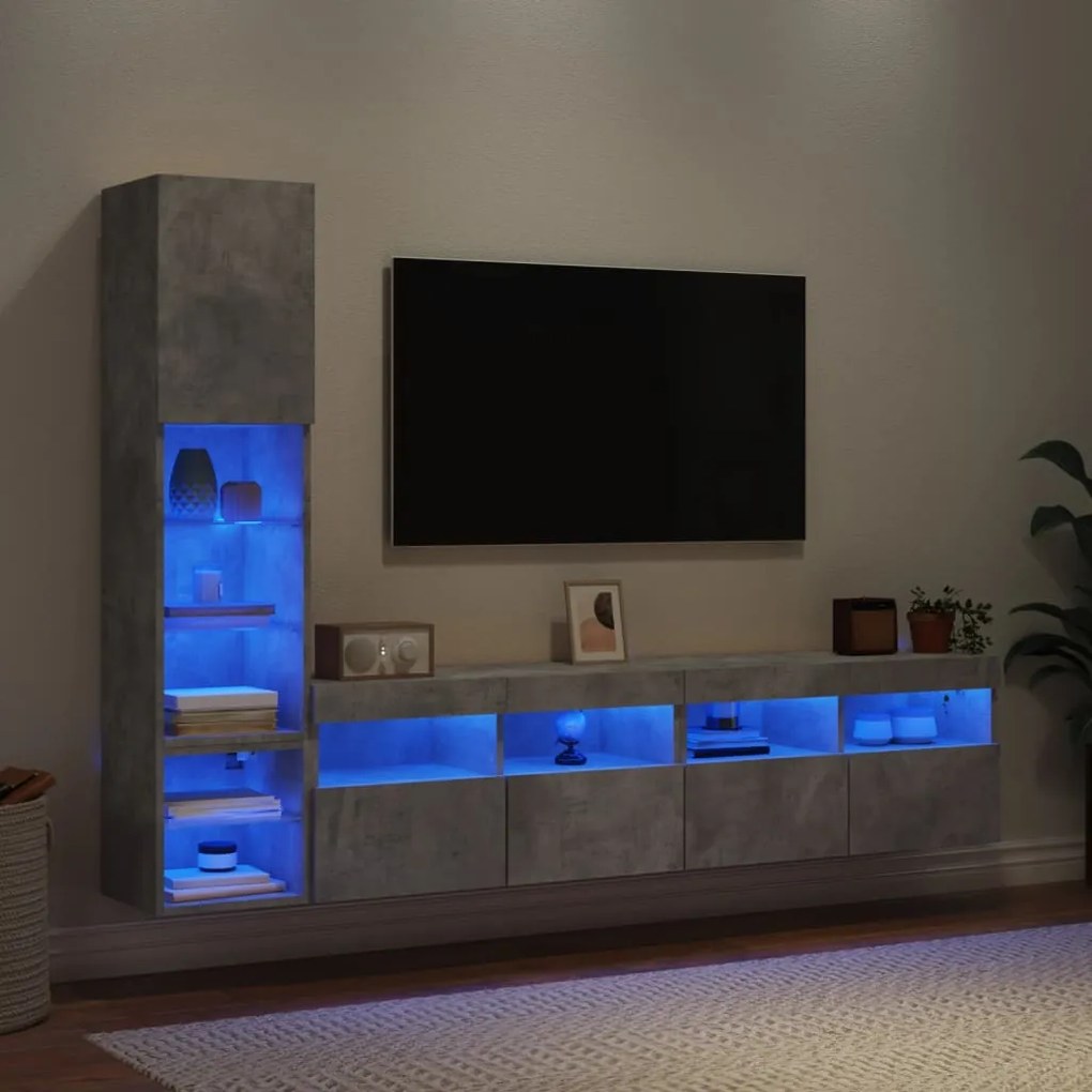 3216714 vidaXL ТВ стенни модули с LED, 4 части, бетонно сиви, инженерно дърво