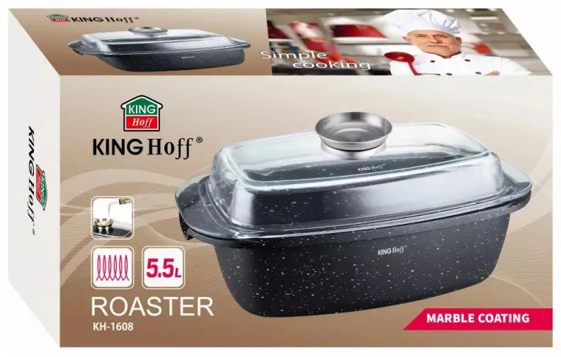 Ростер за фурна и котлон Kinghoff KH 1608, 5.5 литра, Капак с дозатор, Мраморно покритие, Индукция, Черен