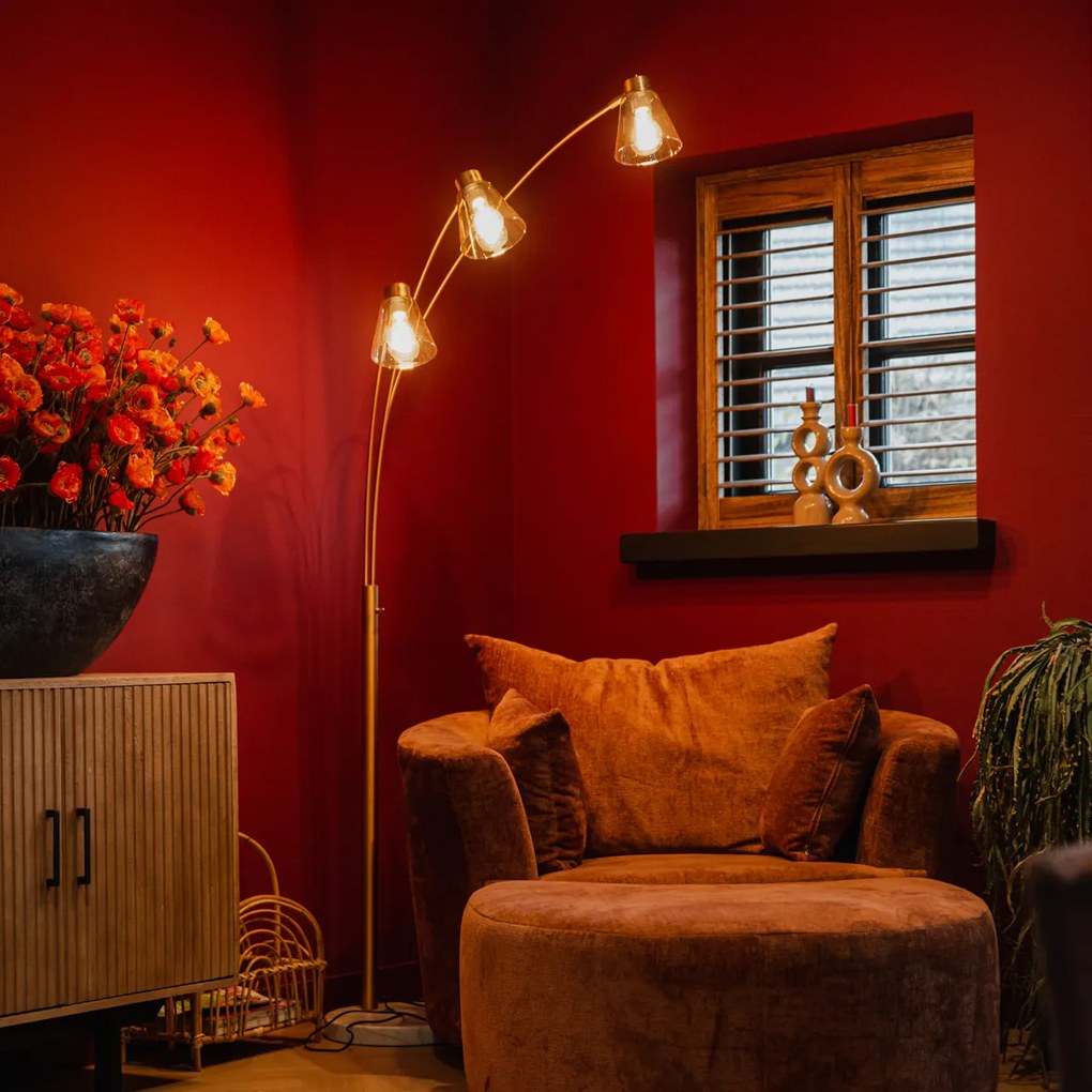 Аркова лампа бронз с мрамор и кехлибарено стъкло 3-светлина - Nina