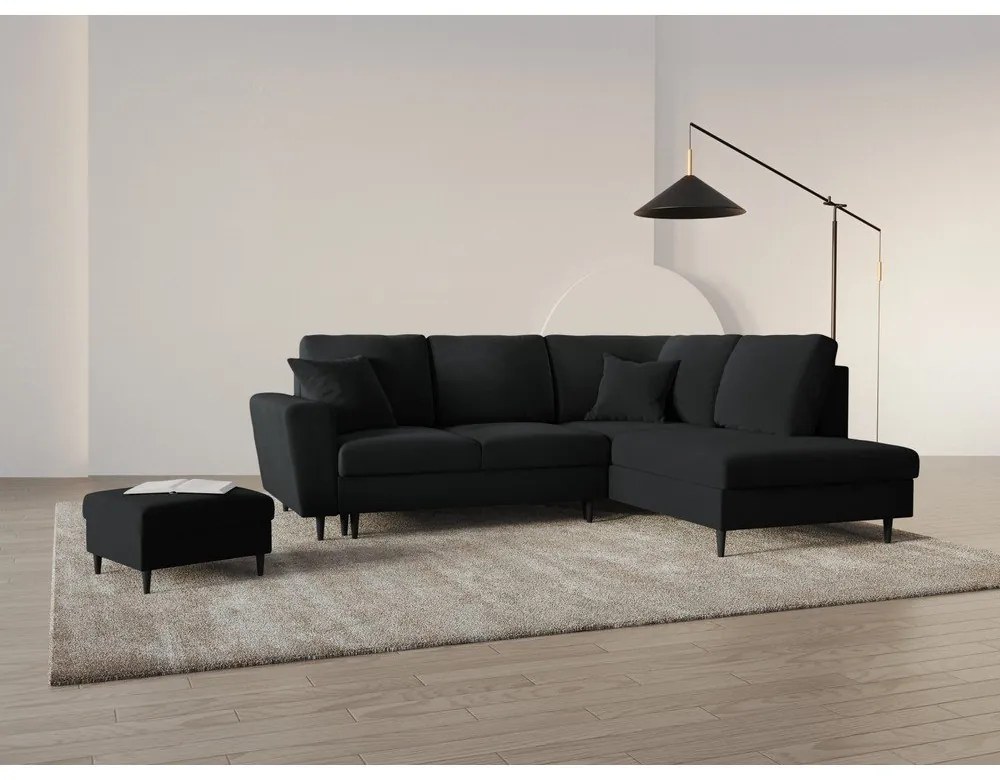 Черен кадифен разтегателен ъглов диван с място за съхранение (десен ъгъл/L форма) Kyoto – Cosmopolitan Design