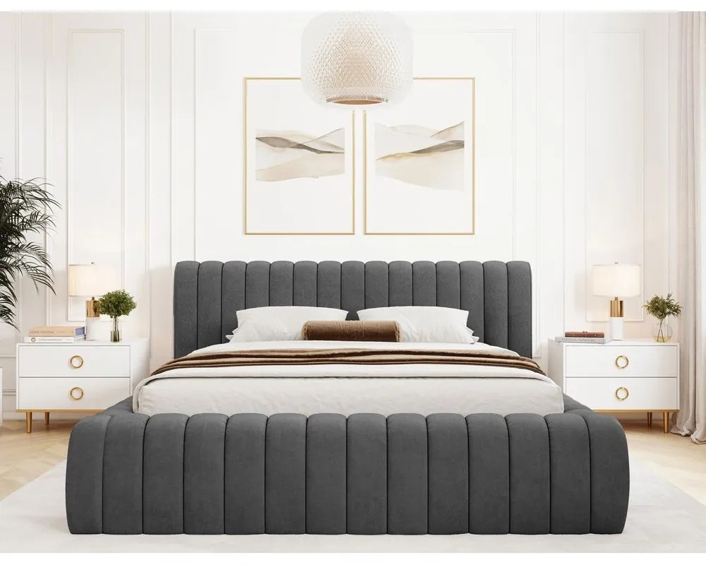 Тъмносиво двойно легло 140x200 cm тапицирано с място за съхранение с включена подматрачна рамка Carilla – ELTAP