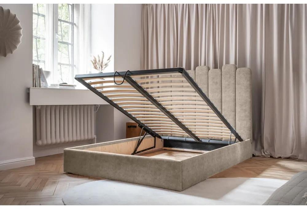 Бежово тапицирано двойно легло с място за съхранение и решетка160x200 cm Dreamy Aurora - Miuform