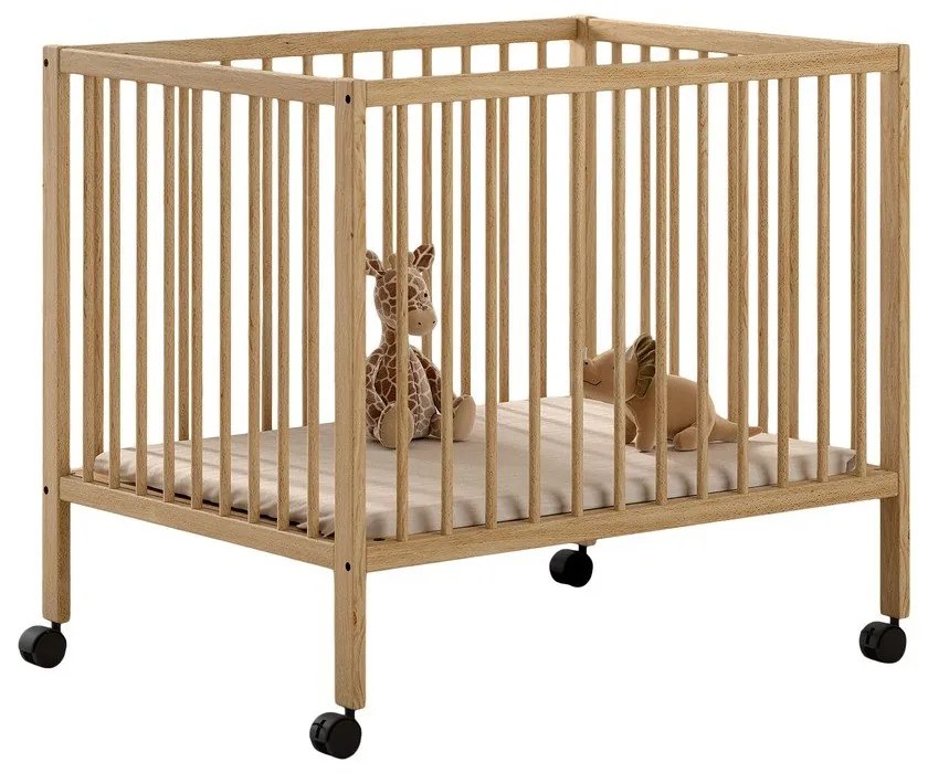 Кошара за игра от масивен бук с регулируема височина/на колелца 95x75 cm в естествен цвят Dino – Vipack