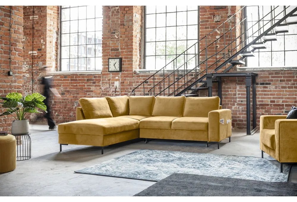 Жълт кадифен разтегателен ъглов диван (ляв ъгъл) Lofty Lilly – Miuform