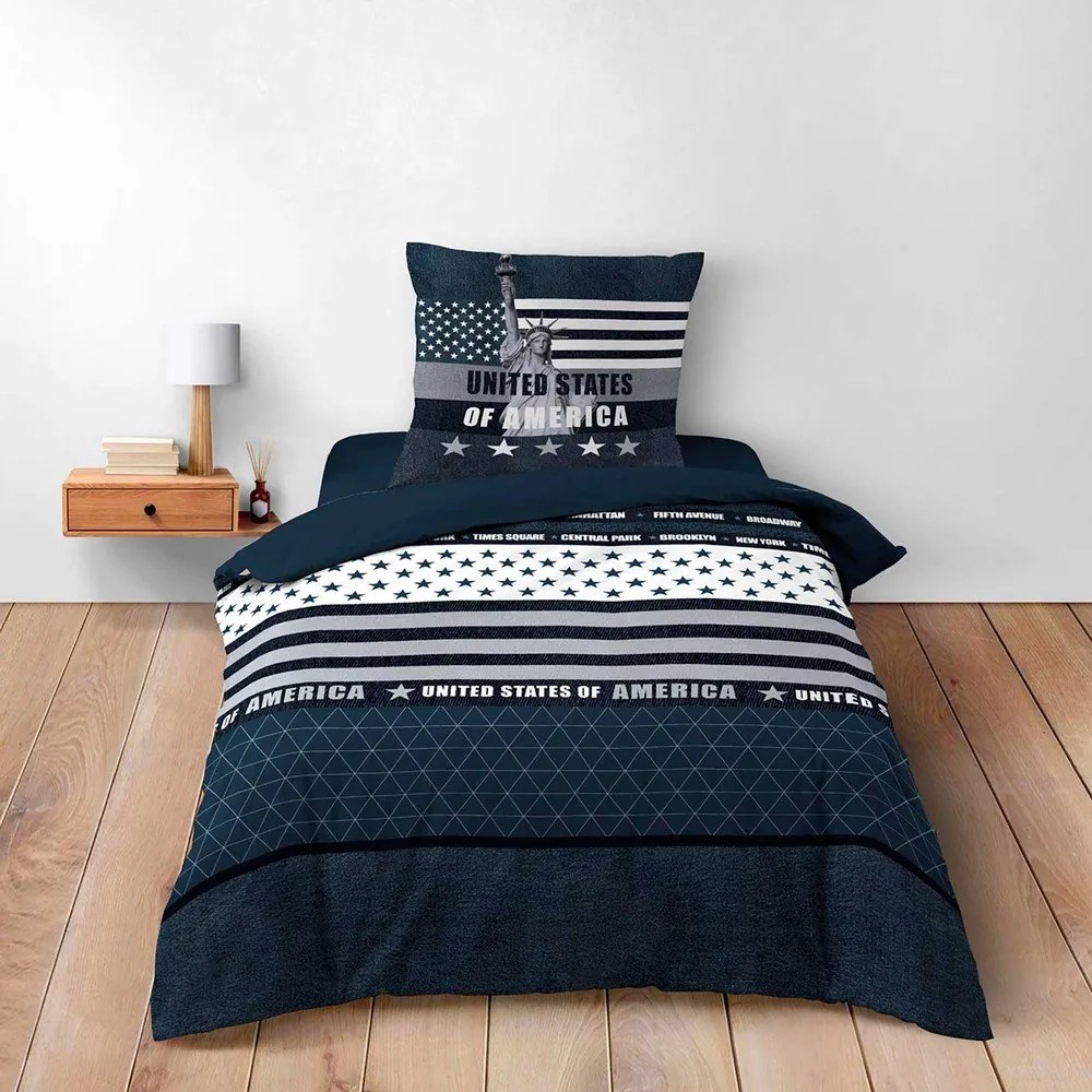 Тъмносиньо единично памучно спално бельо 140x200 cm States – douceur d'intérieur