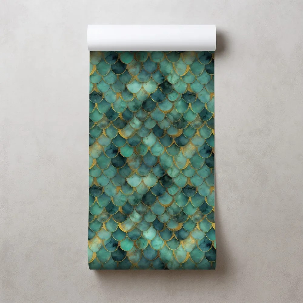 Тапет – Зелени морски люспи със златен оттенък