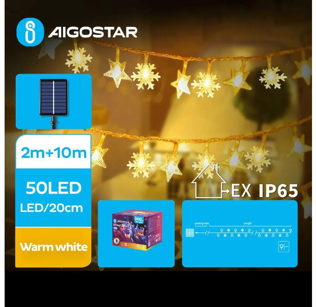 Aigostar - LED Соларни коледни лампички 50xLED/8 функции 12 м IP65 топло бял