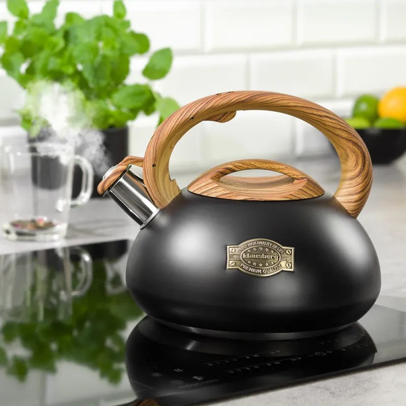 Свирещ чайник Klausberg KB 7565, 3 л, Дебелостенна основа, Индукция, Черен/кафяв