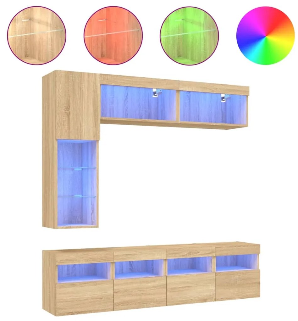 3216759 vidaXL Комплект ТВ стенни шкафове, 7 части, с LED светлини, сонома дъб