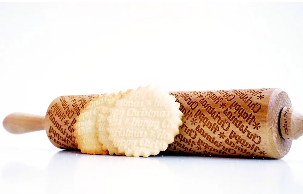 Дървен коледен релефен валяк за тесто с Happy Christmas - Valek