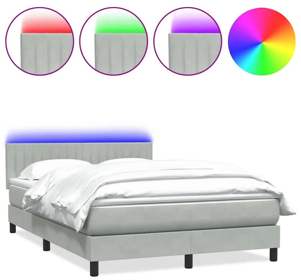 3317079 vidaXL Боксспринг легло с матрак и LED, светлосиво, 160x210 см, кадифе