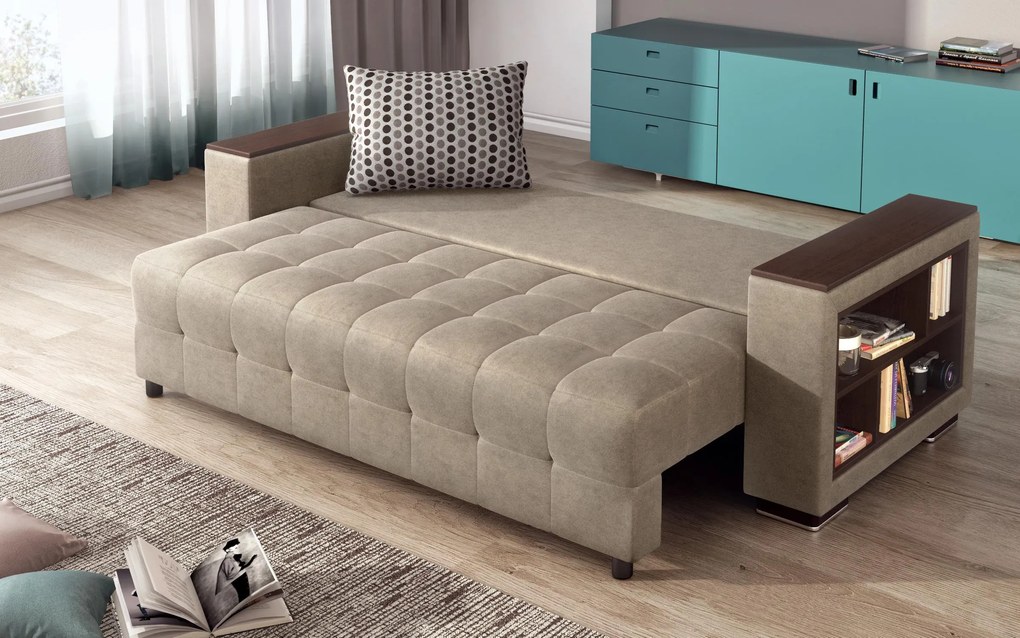 Разтегателно канапе с подлакътник етажерка Мелвин