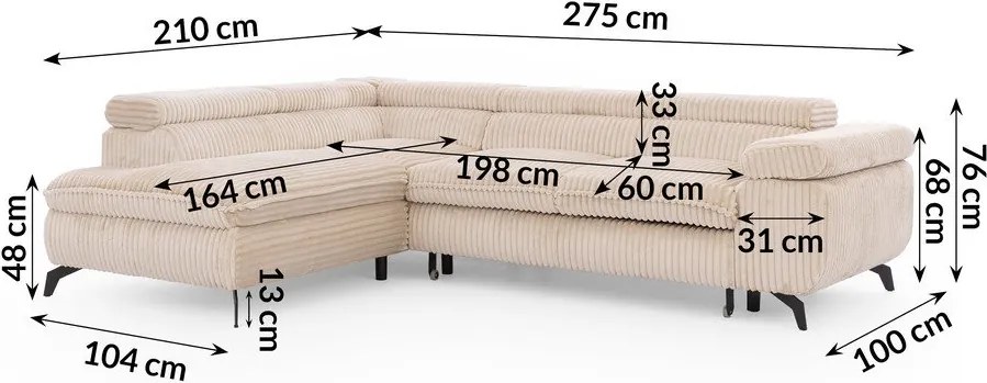 Бежов ъглов диван от рипсено кадифе (ляв ъгъл L форма) Marbeya – Ropez