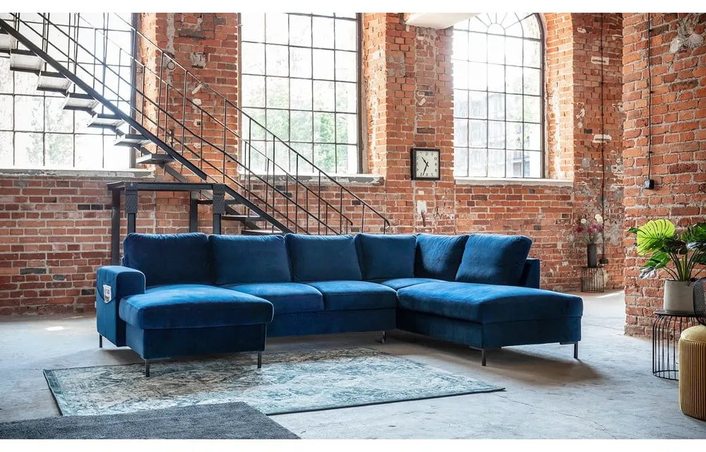 Морскосиньо кадифе, U-образен разтегателен диван, десен ъгъл Lofty Lilly - Miuform