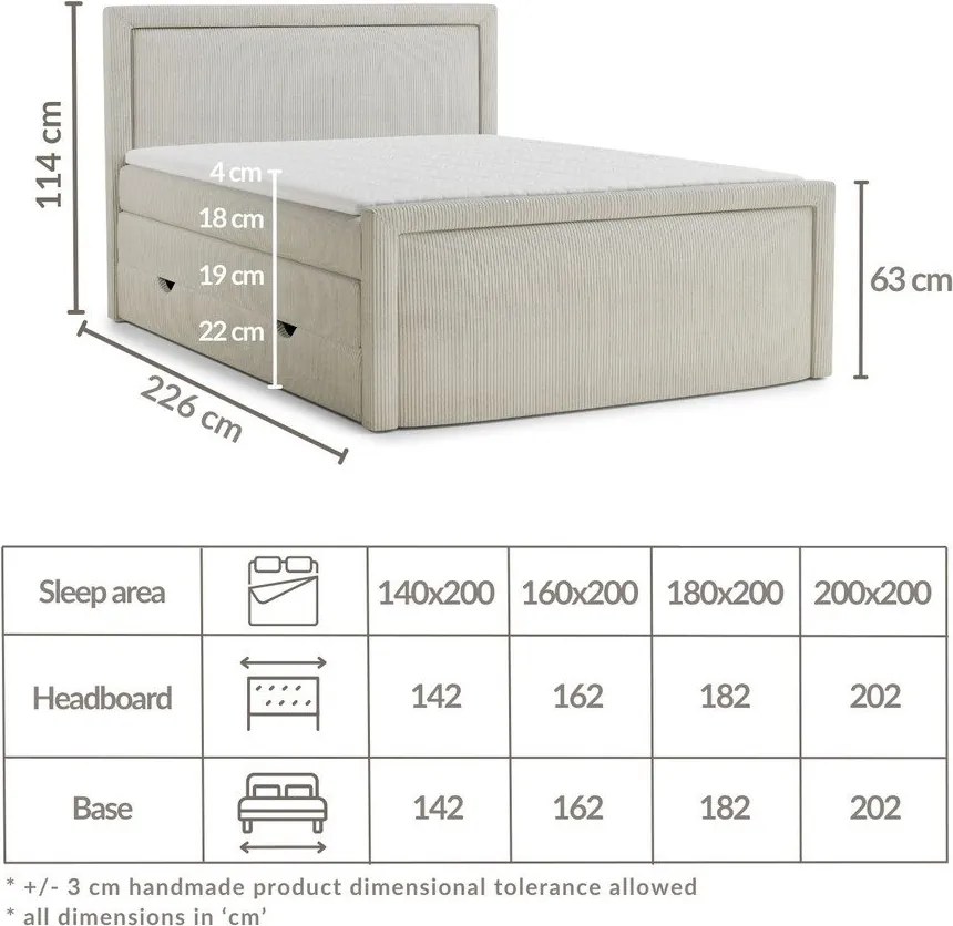 Сиво боксспринг легло 180x200 cm с място за съхранение Fresco – Maison de Rêve