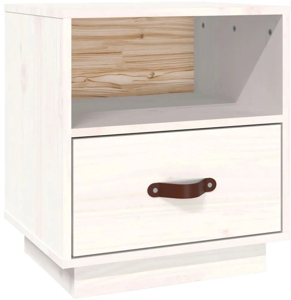 818297 vidaXL Нощно шкафче, бяло, 40x34x45 см, борово дърво масив