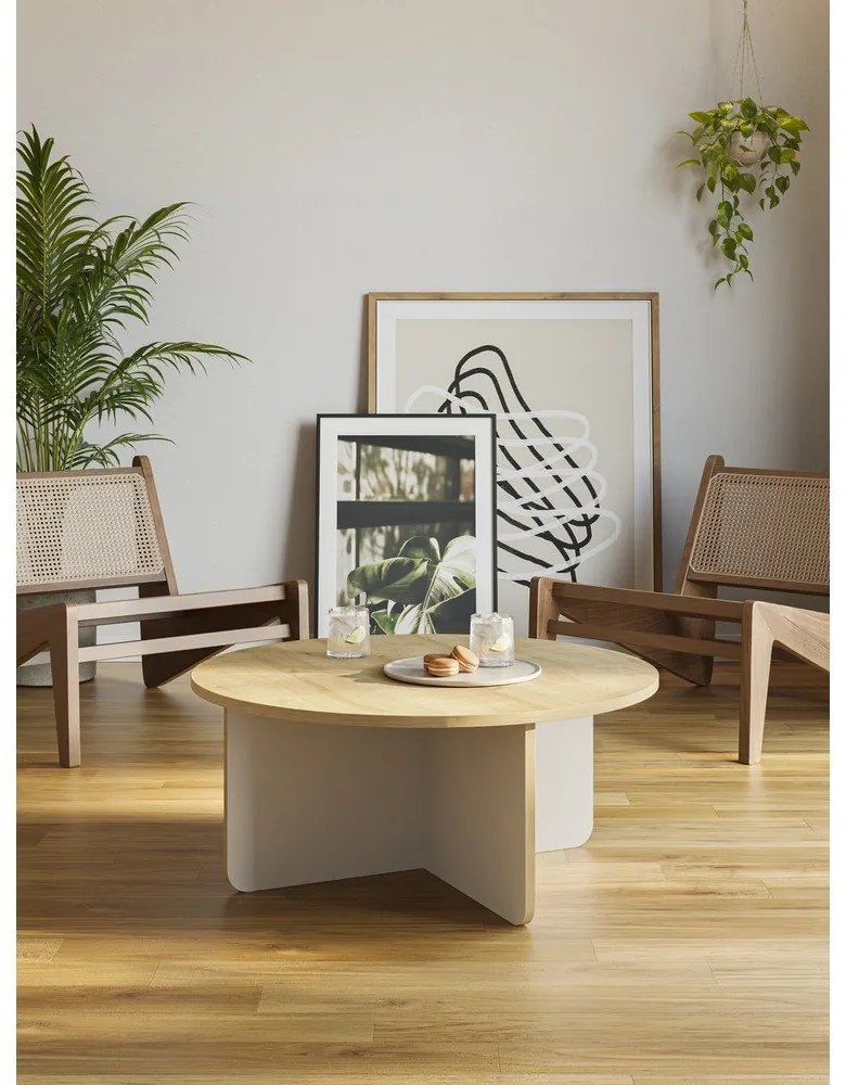 Кремава/естествена кръгла масичка за кафе с дъбов плот ø 80 cm Hillary – Marckeric