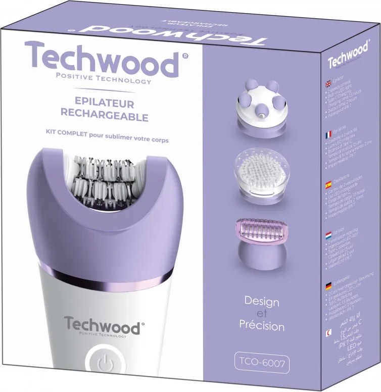 Епилатор Techwood TCO-6007, 2 скорости, LED светлина, Автономност 2 часа, USB-C, IPX7, Бял/Лилав