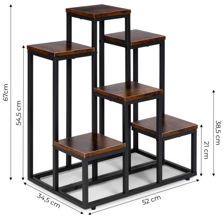Стойка за цветя в мансардата - 6 рафта, черна стомана и дървен декор