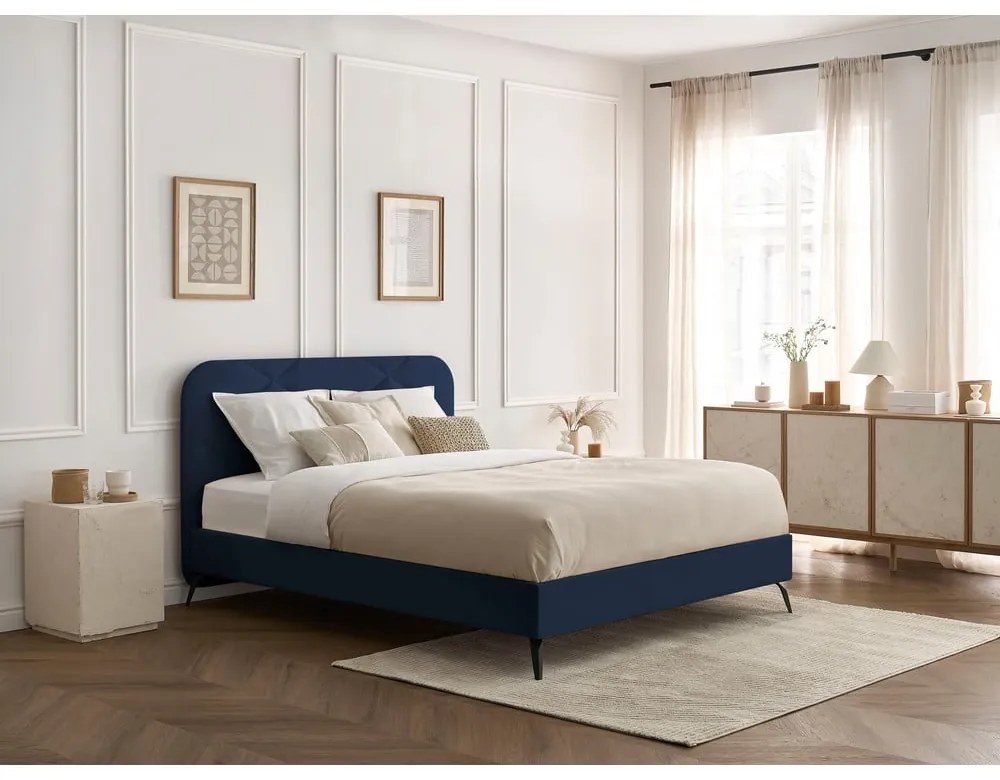 Тъмносиньо тапицирано двойно легло с включена подматрачна рамка 160x200 cm Prune – Bobochic Paris