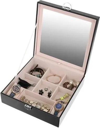 Кутия за бижута и часовници с огледало, отделящи се отделения и ключалка с ключ, екокожа, 26х26х30см