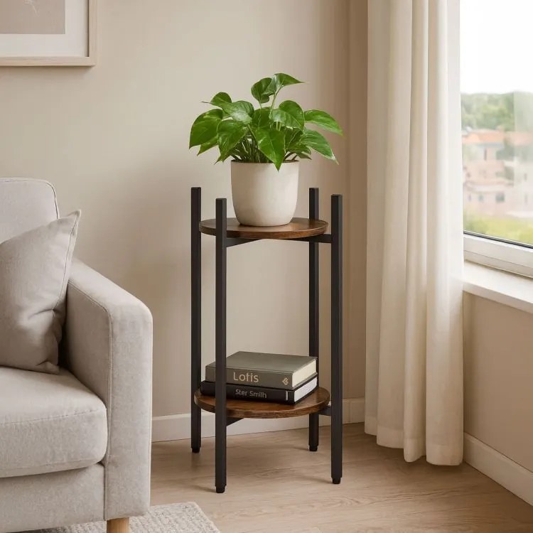 Стойка за цветя в таванско помещение - 2-етажен рафт с кръгли дървени рафтове