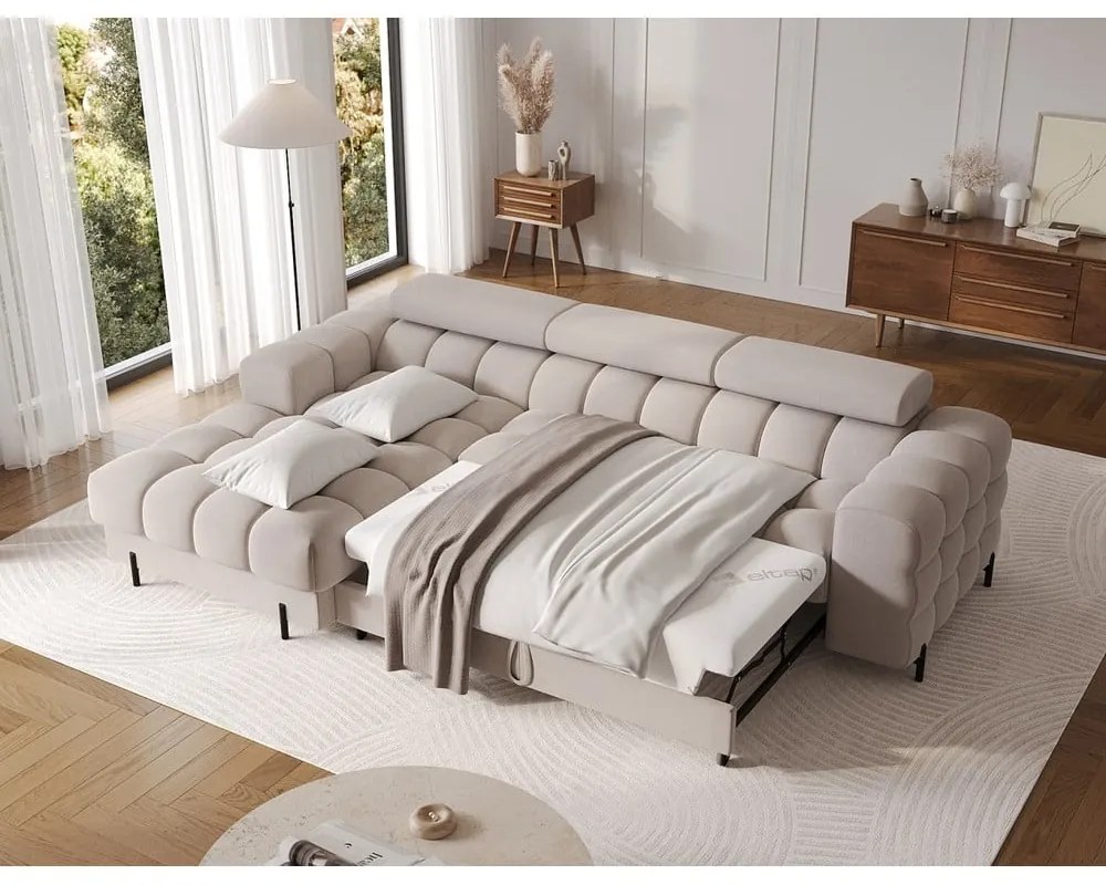 Бежов кадифен сгъваем/с място за съхранение ъглов диван (ляв ъгъл) Felro – ELTAP