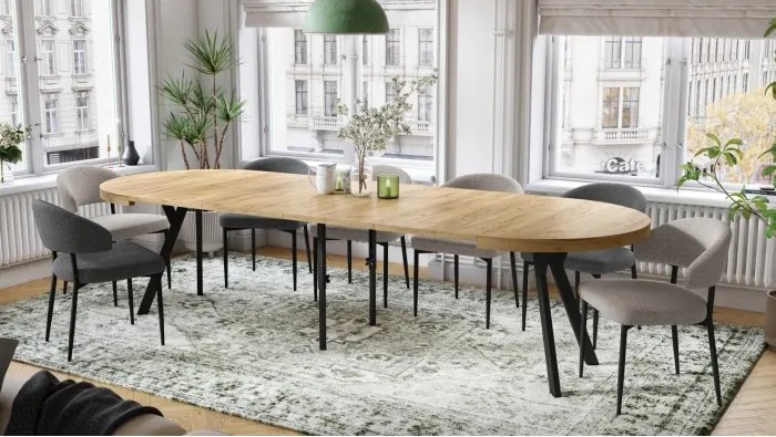 ЕКСПАНСО Дъб Крафт Злато/черни крака - ГОЛЯМА КРЪГЛА МАСА Ø110 РАЗТЕГАТЕЛНА ДО 310 cm С КРАКА Y ЛОФТ/ИНДУСТРИАЛНА