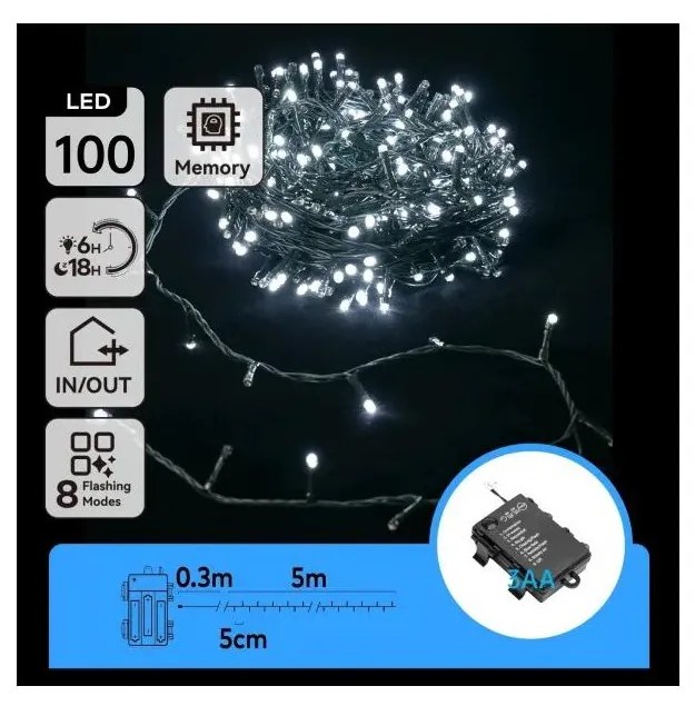 Aigostar - LED външна коледна гирлянда 100xLED/8 режима 3xAA 5,3 m IP44 студено бяла