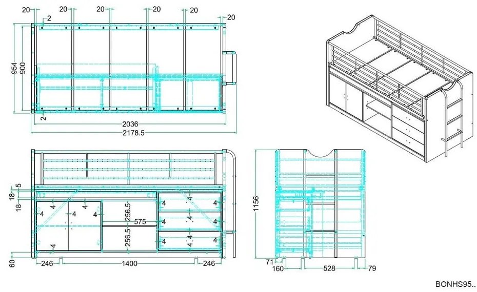 Бяло-сиво повдигнато детско легло с място за съхранение и включена подматрачна рамка 90x200 cm Bonny – Vipack
