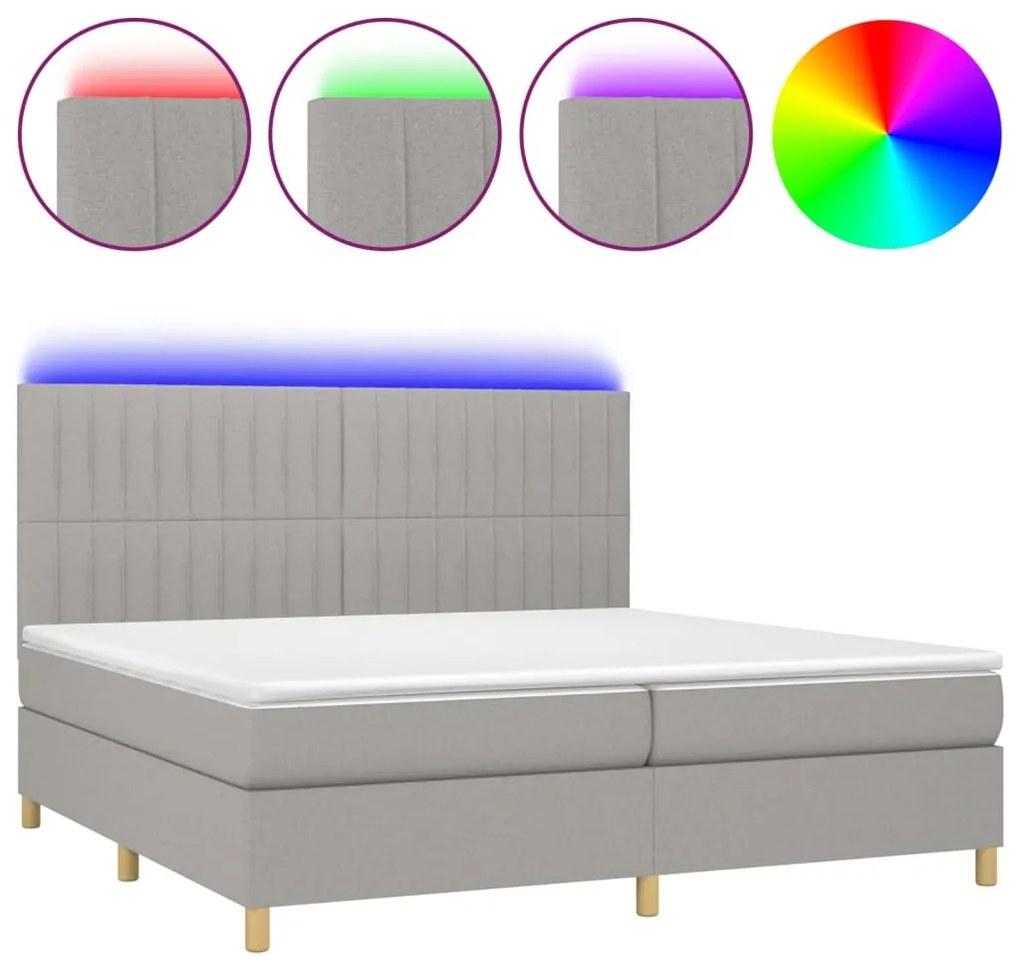 3135621 vidaXL Боксспринг легло с матрак и LED, светлосиво, 200x200 см, плат